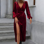 Women's Women's Wine Red Party Party Velvet Mid Length Dress