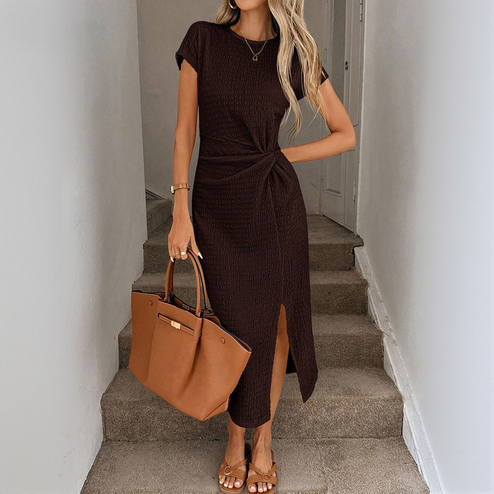 Women's Brown Short-Sleeve Midi Dress