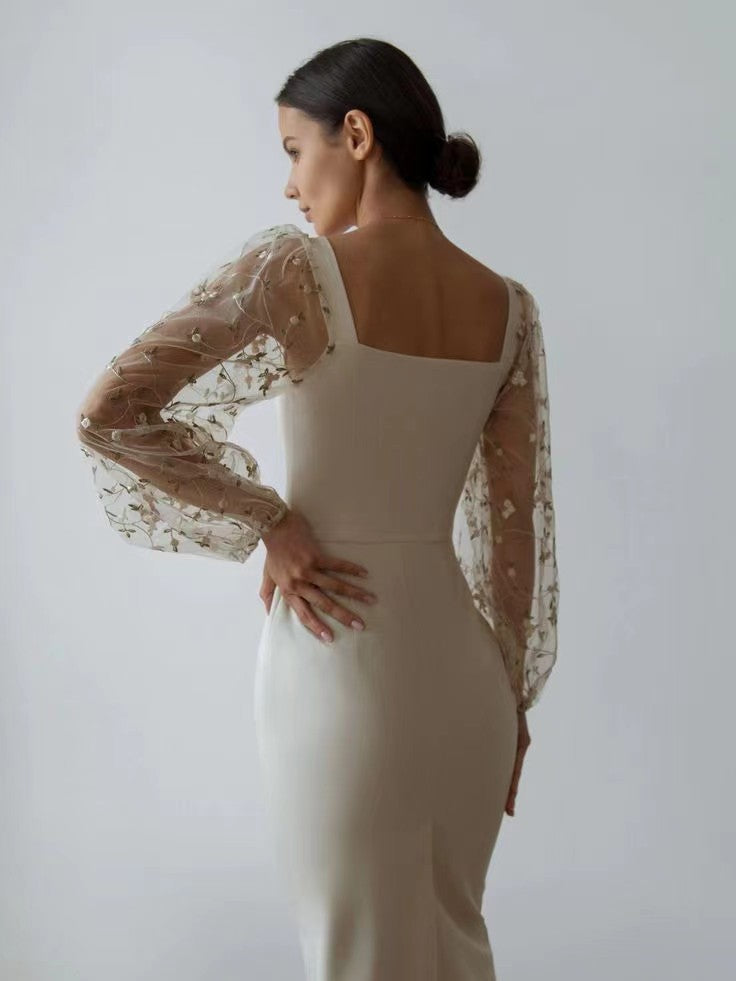 Embroidered Square-Neck Lantern-Sleeve Bodycon Midi Dress