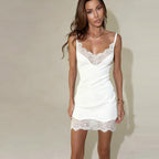 Women's Summer Sexy Lace Stitching Sexy Dress Slim Fit Waist Trimming Spaghetti Straps Sheath Solid Color Dress