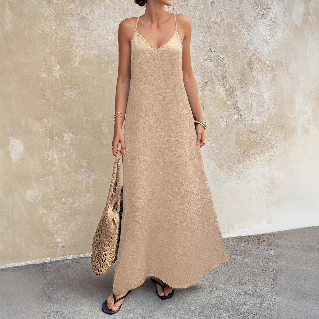 V-Neck Backless Sleeveless A-Line Midi Dress