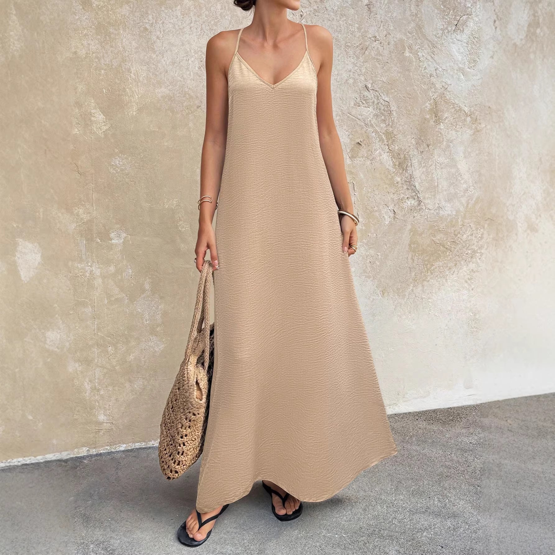V-Neck Backless Sleeveless A-Line Midi Dress