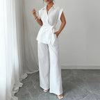 Summer Elegant Shirt Short-Sleeve Straight Leg Pants Set