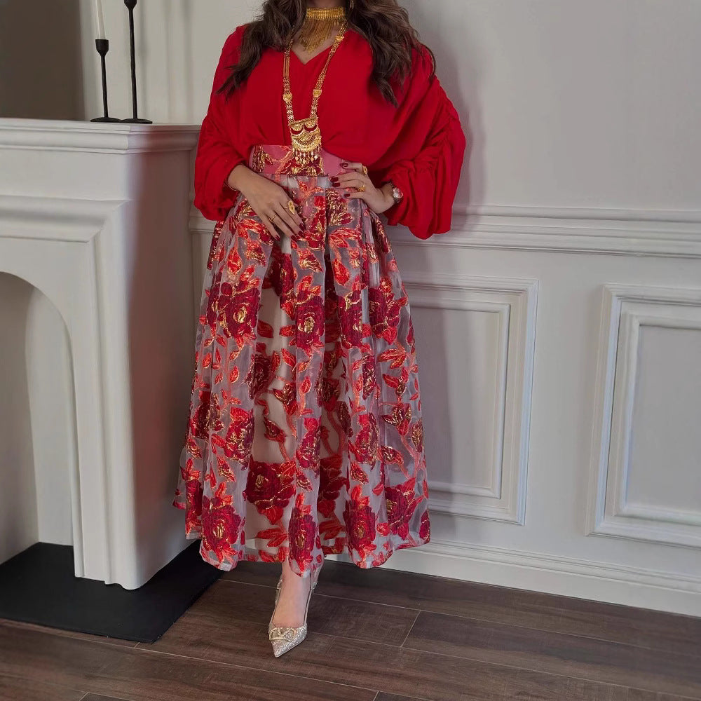 Floral Jacquard Long-Sleeve A-Line Maxi Dress