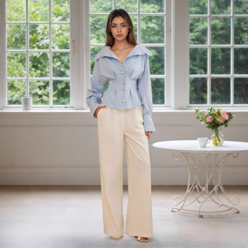 Women's Elegant Shirt Elegant Collared Puff Sleeve Pleated Waist Tight All Match Striped Long Sleeved Top