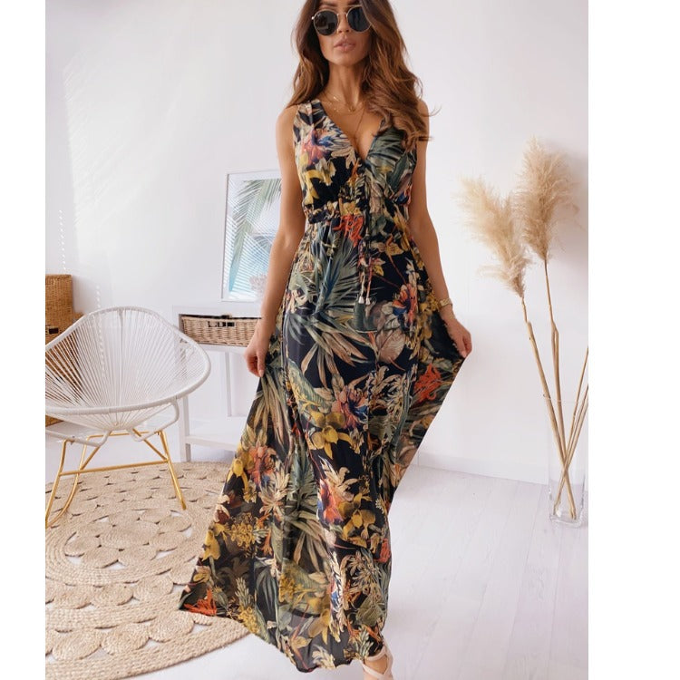 Women's Summer Deep V Plunge Sexy Seamless Print Lace Up Swing Maxi Dress