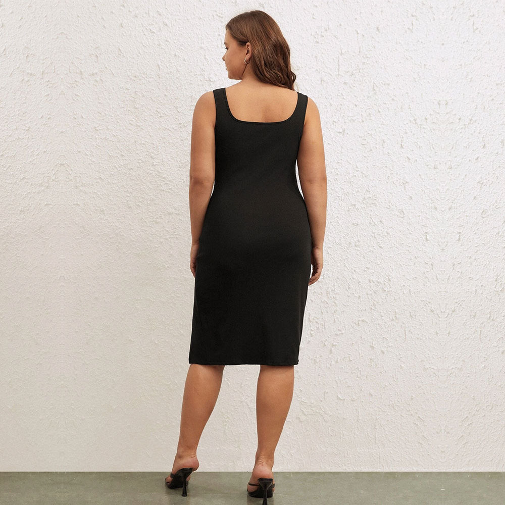 Plus Size Summer Slim Fit Slimming Square Collar Sleeveless Split Sheath Sexy Dress
