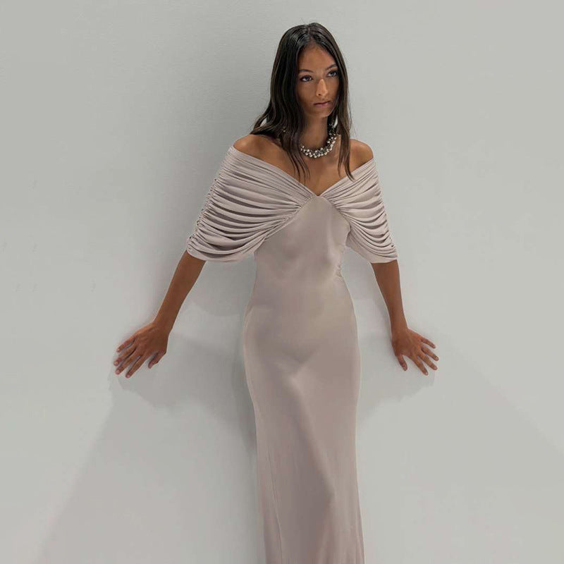 Maxi spring dress, light gray, off-shoulder draped neckline with knot at center bodice
