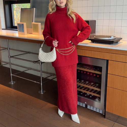 Women’s red knit turtleneck sweater and matching wide-leg pants set