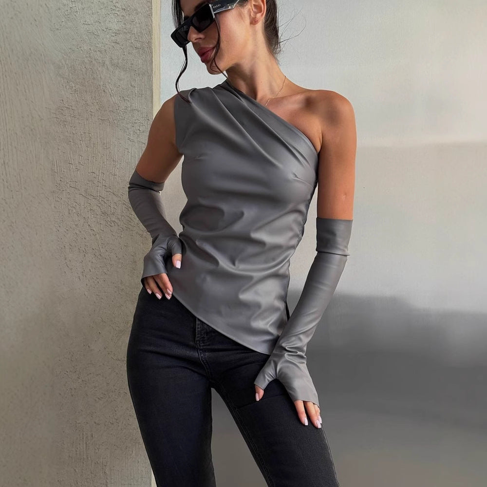 's Leather Jacket Diagonal Collar Off The Shoulder Irregular