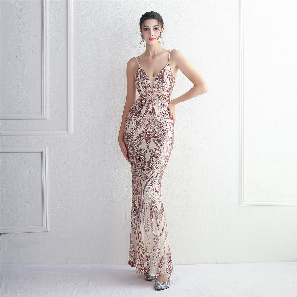 Women's Three Dimensional Strong Sequin Floral Dress Long Cocktail Slim Fit