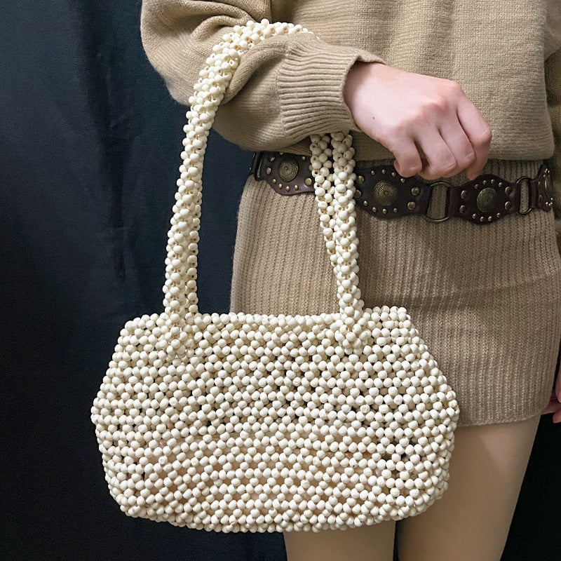 Beaded Wooden Bead French Simplicity Hollow Out Cutout Bag Special-Interest Design High Grade Shoulder Bag Handbags
