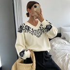 Women's Autumn Winter Retro Jacquard V Neck Loose Fitting Long