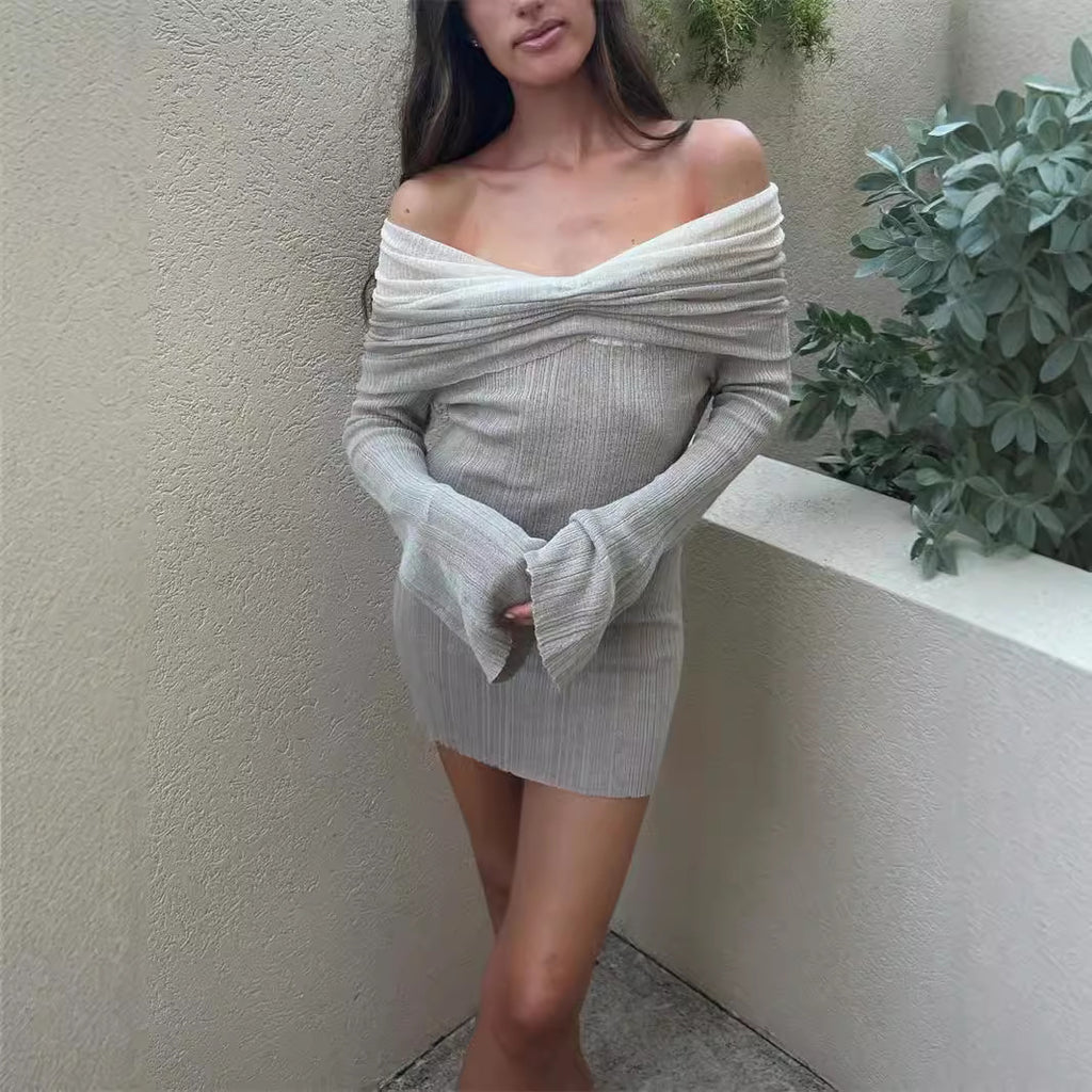 Women's Contrast-Color Off-Shoulder Long Sleeve Mini Dress