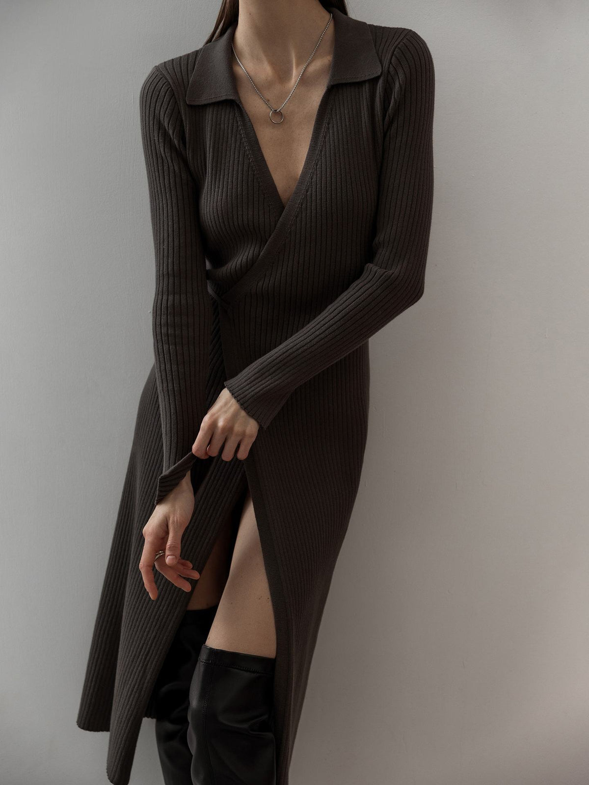 Split Strap Thread Knitted Dress Midi Autumn Winter Polo Collar Long Sleev
