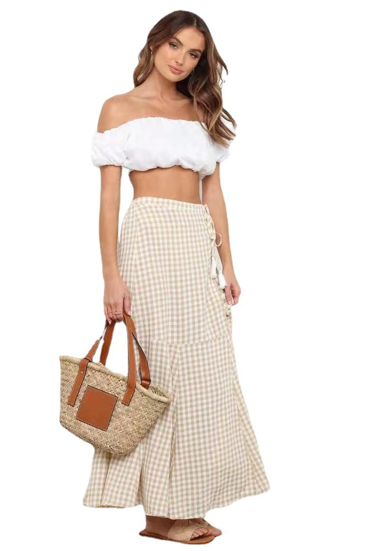 Spring Summer Office Stitching Clinch Mid Waist Skirt