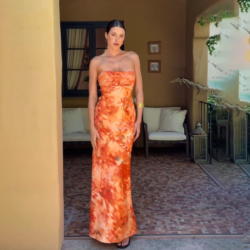 Printed Strapless Ruched Cutout Bodycon Maxi Dress
