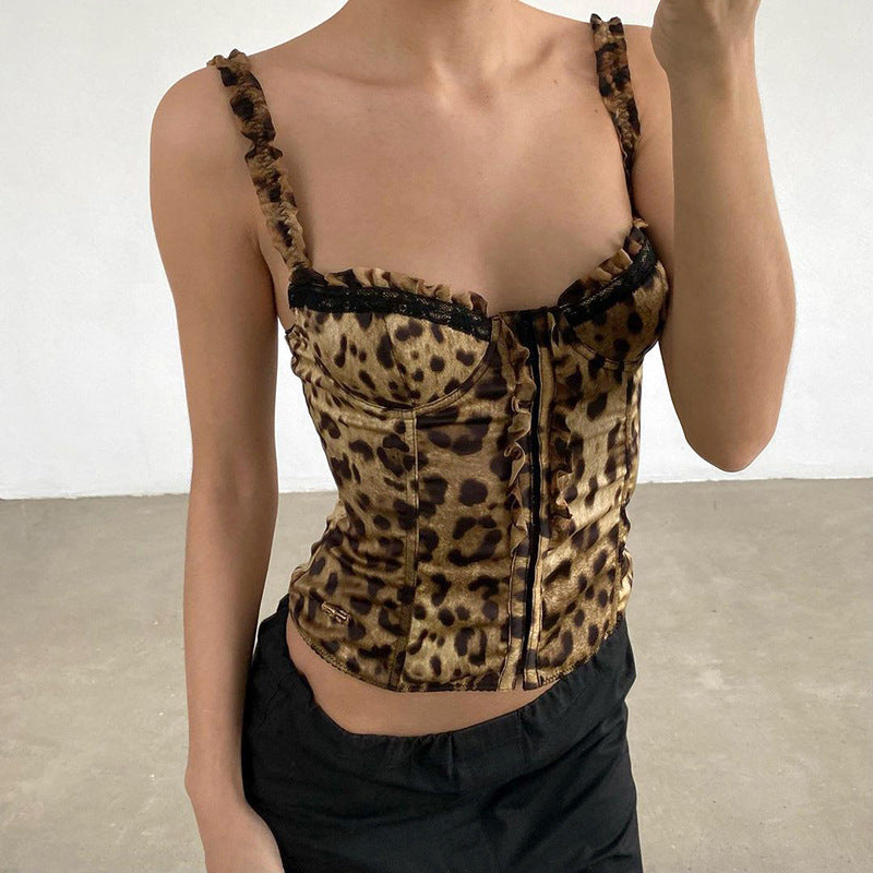 Women's Women’s Leopard Print Lace Trim Corset Crop Top