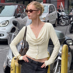 Niche Swing Collar Slim Fit Slimming Short Sleeved T shirt for Women Summer Sexy Long Sleeved Top