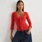 French Sexy Half Sleeve Ruffled V neck Slim Fit Slimming Top