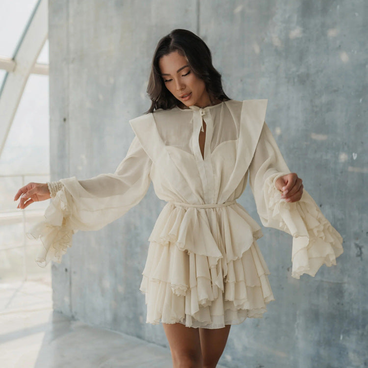 Mesh See Through Tiered Dress Long Sleeve Knotted Short Dress
