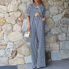 Striped Cardigan, Tube Top & Wide-Leg Pants Set
