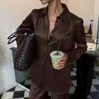 Women Clothing Shirt Outfit Polo Collar Long Sleeve Cardigan Top Wide Leg Pants Casual Two Piece Set