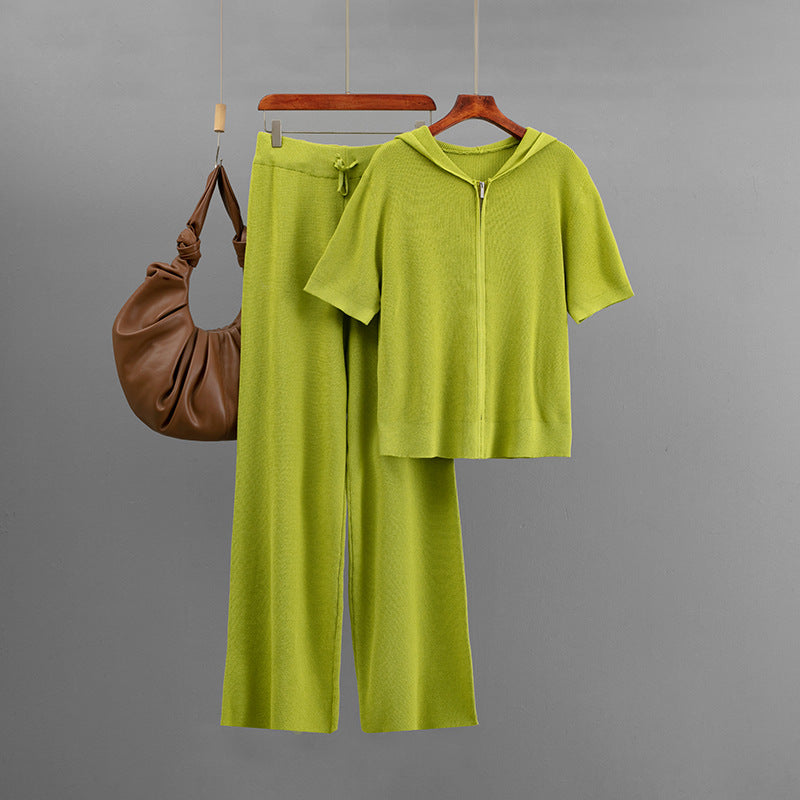 Knitted Solid Color Loose Zip Hooded Short-Sleeve Top Casual Wide Leg Pants Two-Piece Set
