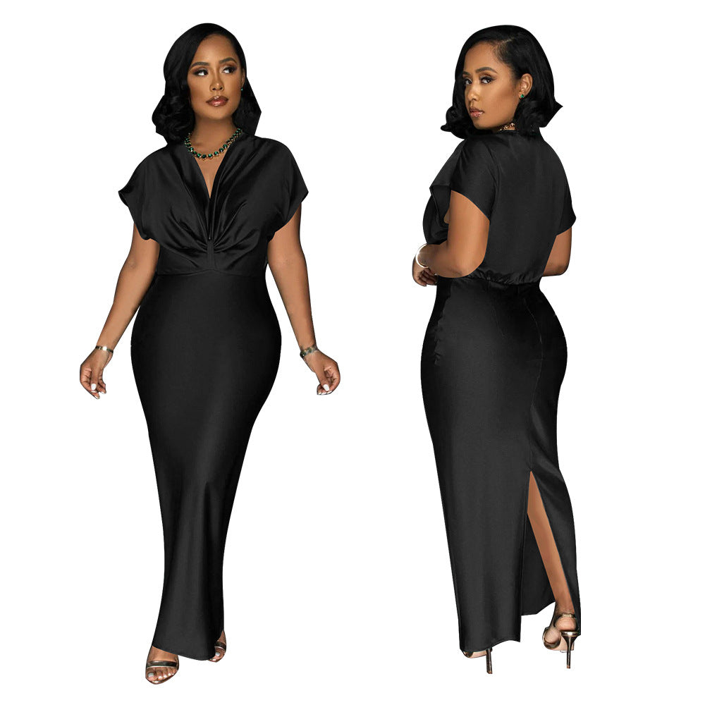 Women's V-Neck Short-Sleeve Split Maxi Dress