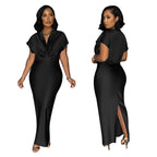 Women's V-Neck Short-Sleeve Split Maxi Dress