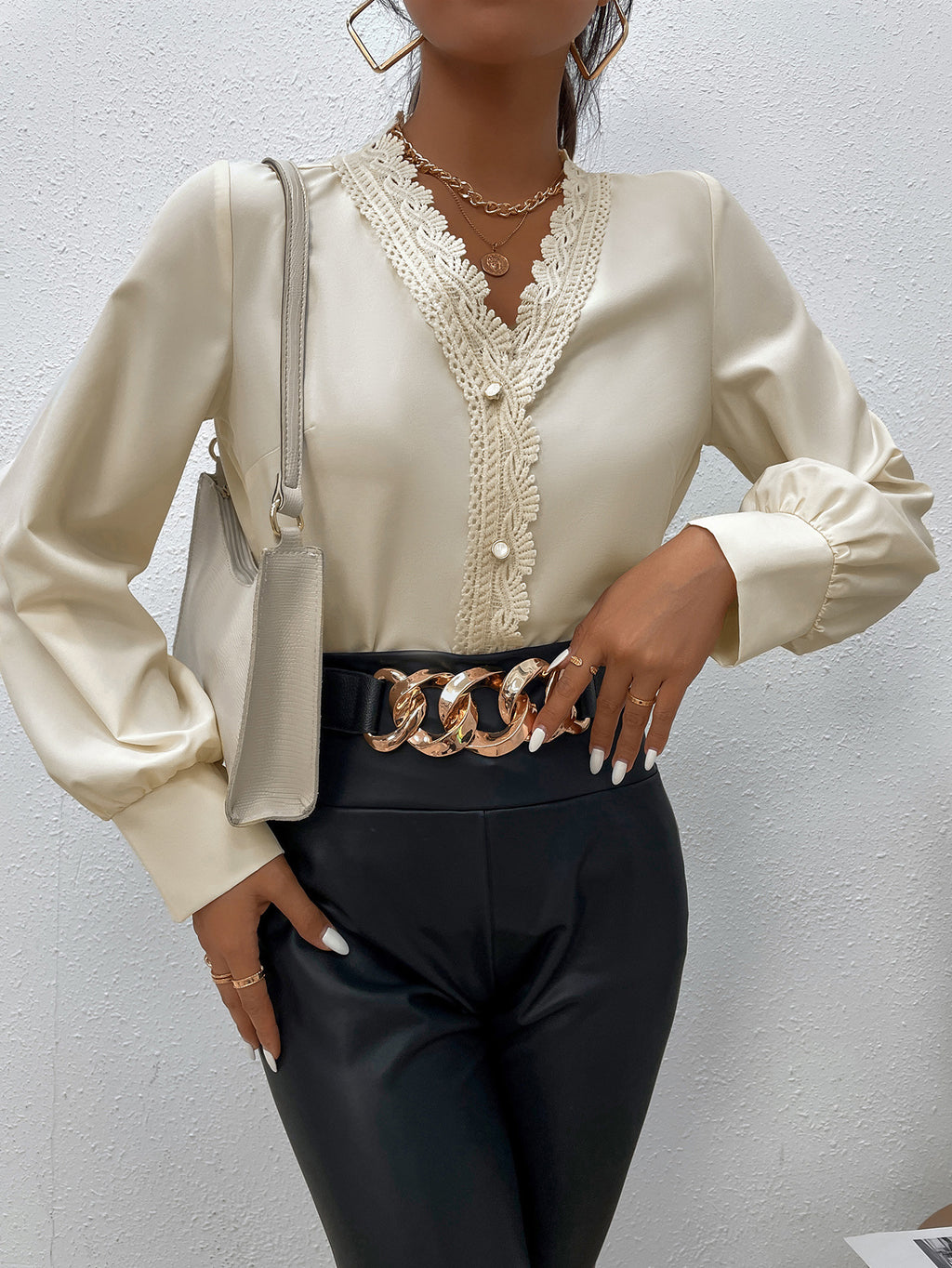 Women's Fall Women Clothing Simple Elegant Eyelash Lace Stitching V Neck Shirt Women