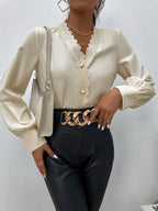 Women's Fall Women Clothing Simple Elegant Eyelash Lace Stitching V Neck Shirt Women