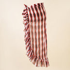 Red and white striped beach cover-up dress with ruffled hem and tie straps