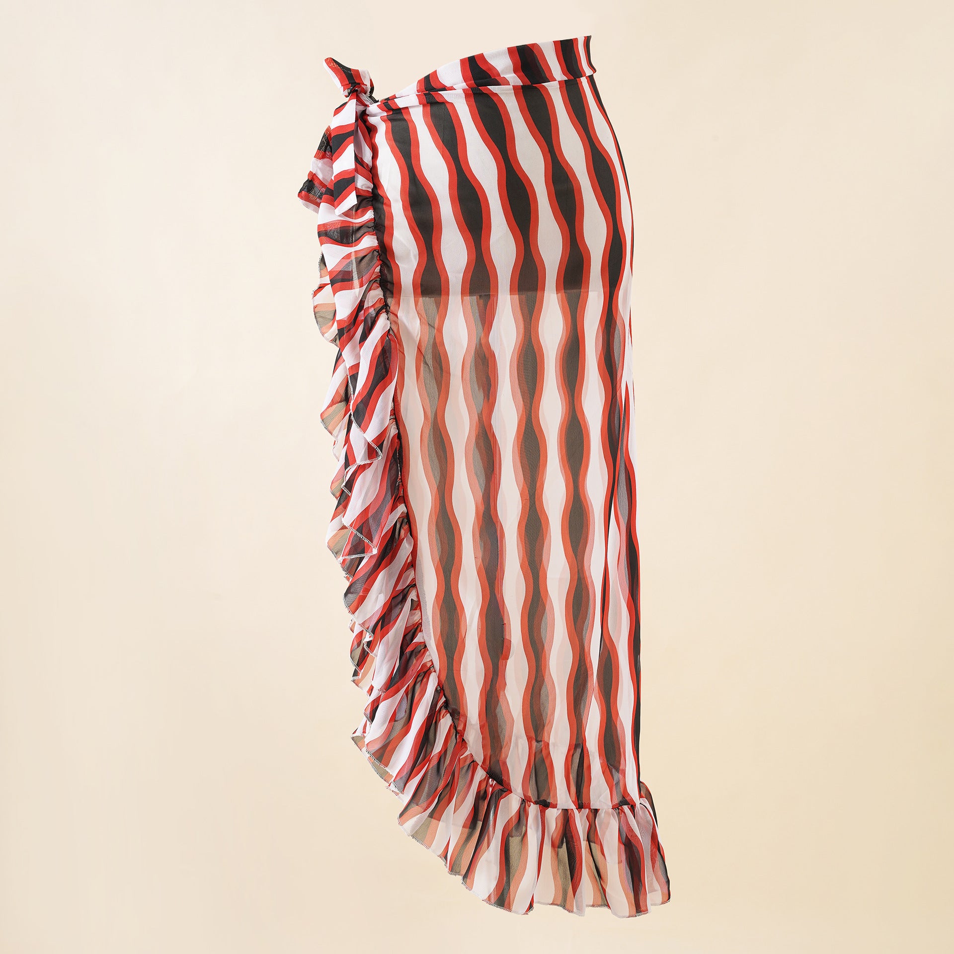 Red and white striped beach cover-up dress with ruffled hem and tie straps