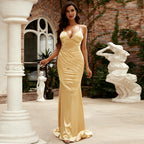 Women's V Neck Sleeveless Elegant Slim Fit Long Solid Color Cocktail Bridesmaid Dress Evening Dress For Women