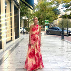 Shoulder Waist-Controlled Lace-Up Wide Hem Printed Dress