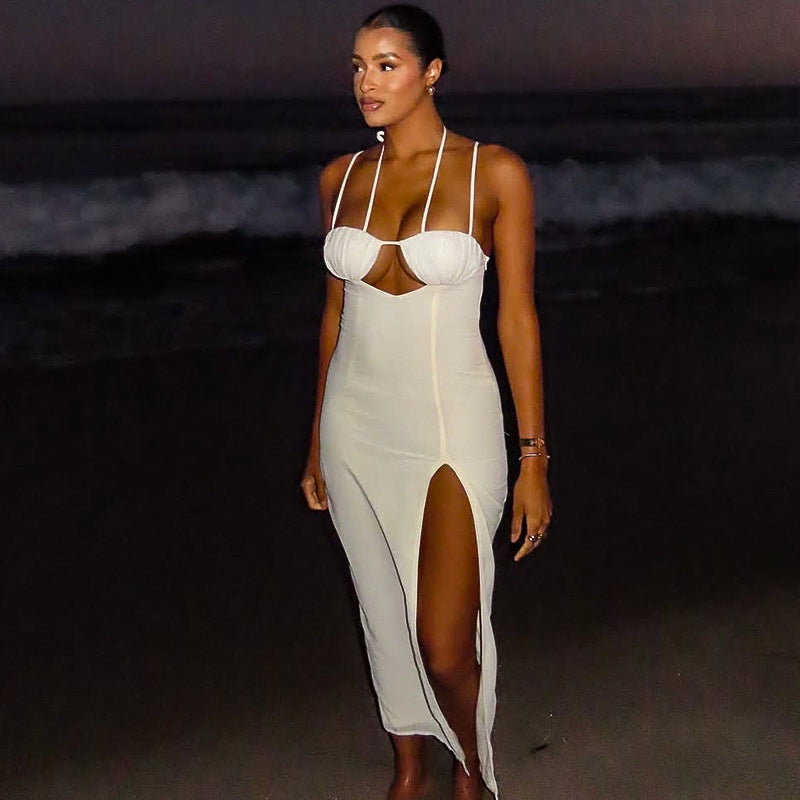 Halter Cutout Asymmetric Slit Bodycon Midi Dress