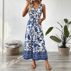 Women's sleeveless summer dress, blue and white floral tiered maxi, V-neck gathered waist