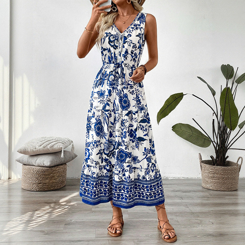 Women's sleeveless summer dress, blue and white floral tiered maxi, V-neck gathered waist