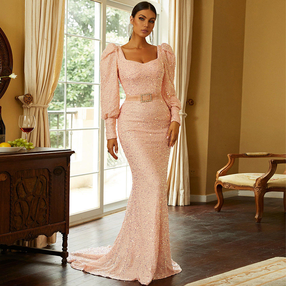 Women's High Waist Long Sleeves Elegant Sequin Evening Dress
