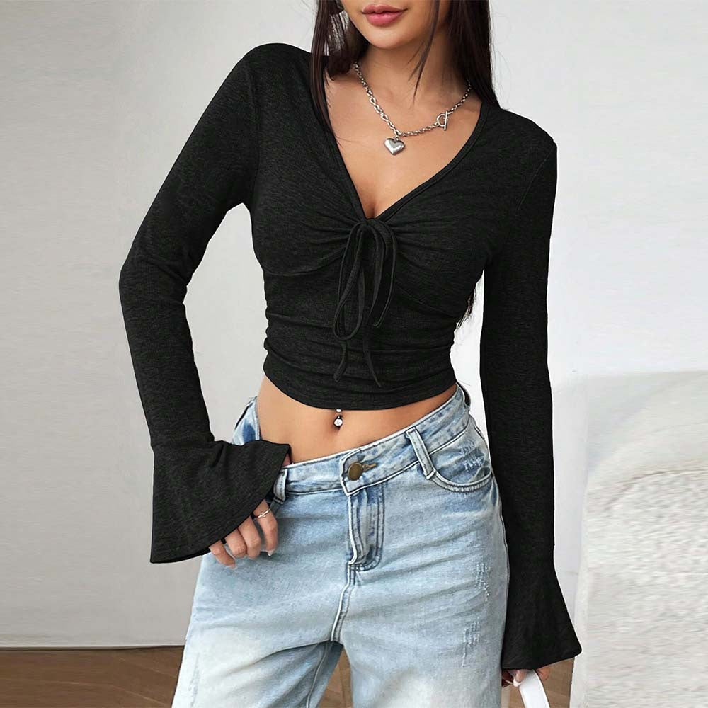 Women’s Black Flared Sleeve V Neck Crop Top