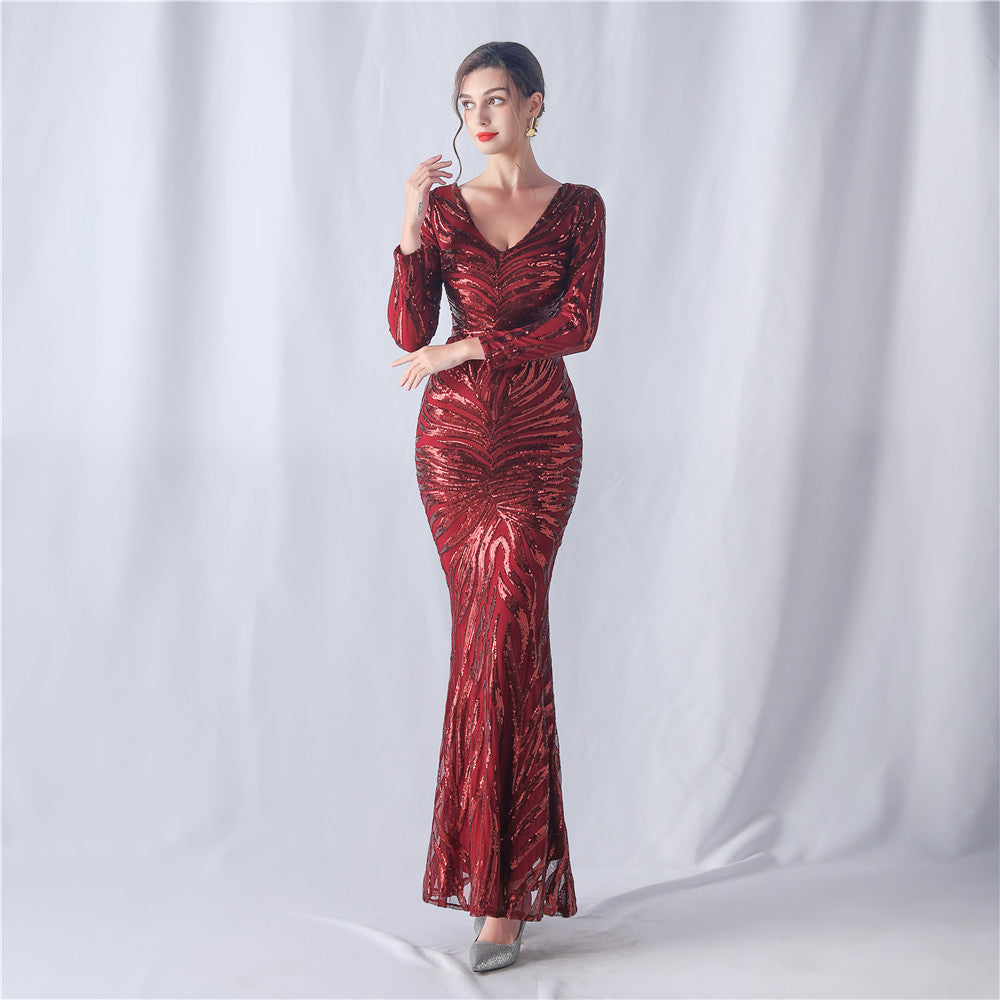 Women's Floral Cutting Magic Color Sequin Wedding Long Sleeve Dress