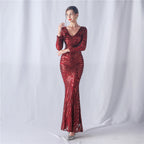 Women's Floral Cutting Magic Color Sequin Wedding Long Sleeve Dress