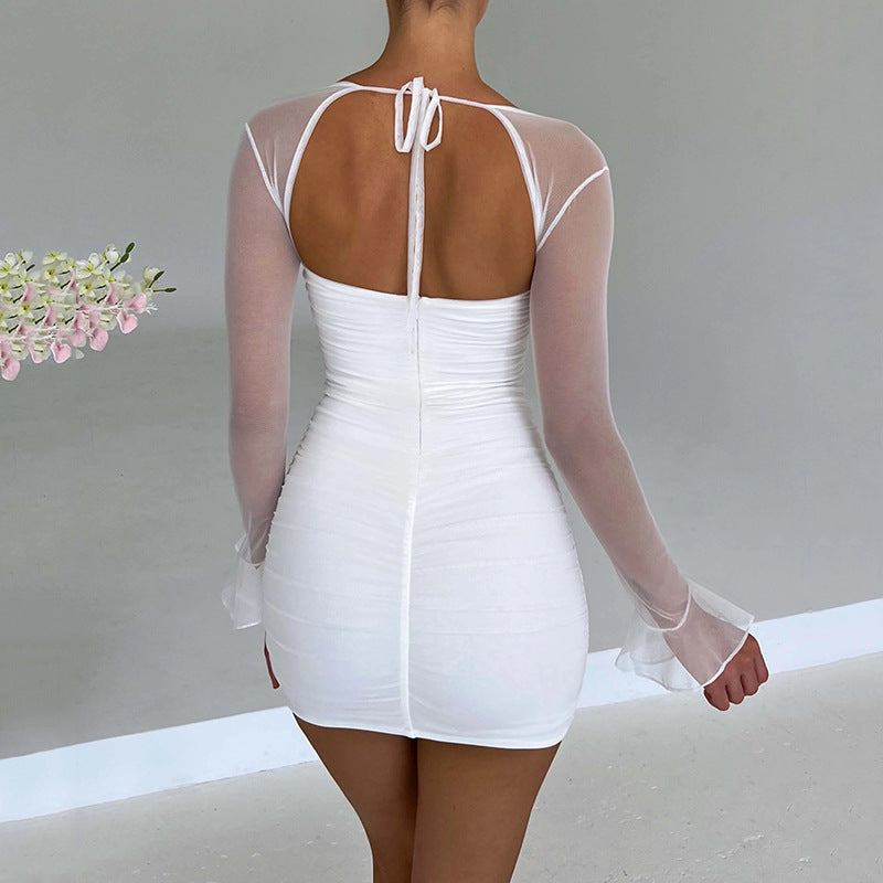 Women's Sheer Long Sleeve Backless Bodycon Dress
