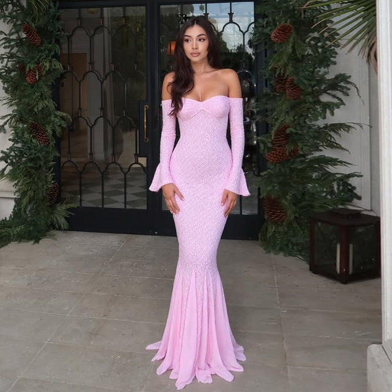 Pink Strapless Lace Fishtail Evening Dress