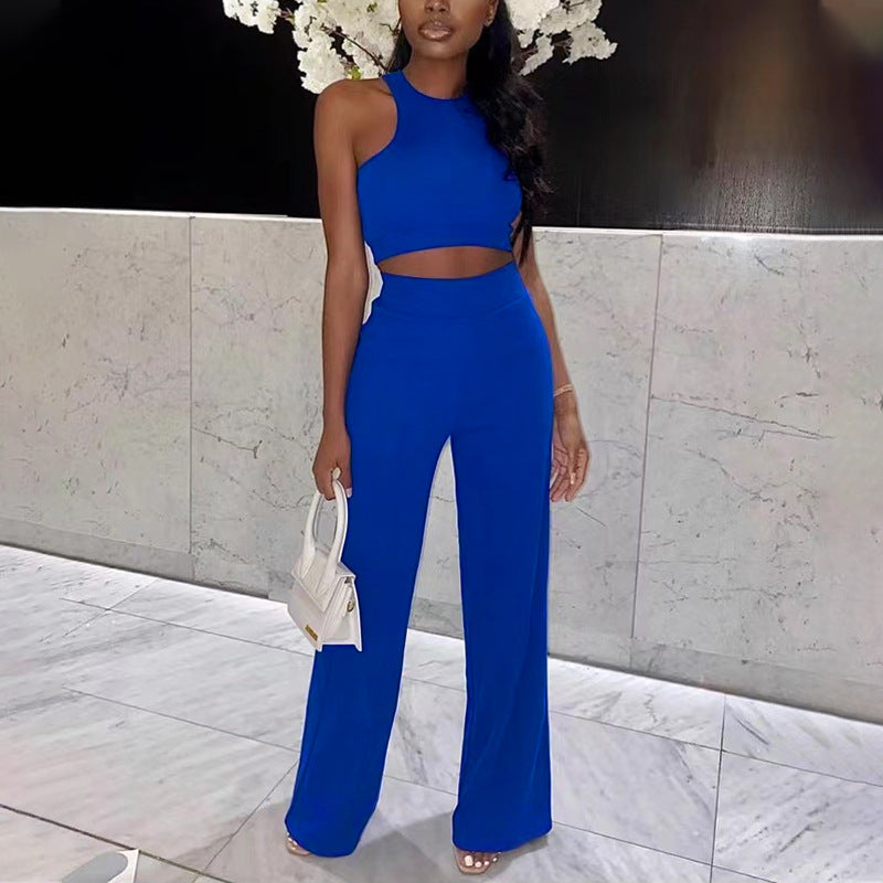 Summer Pants Suit Solid Color Office Sleeveless Vest Casual Two-Piece Set
