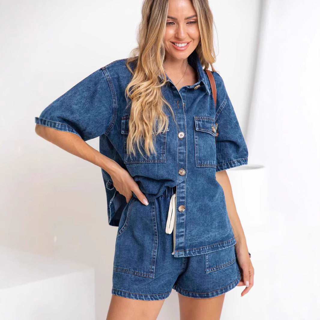 Women's Loose Retro Casual Elastic Waist Ladies Denim Set
