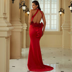 Halter Backless Ruffled Evening Maxi Dress