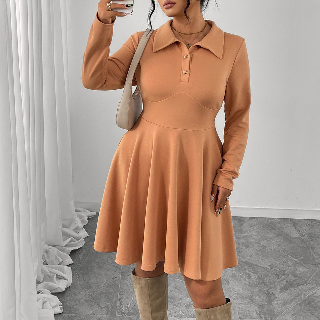 Women's Autumn Winter Caramel Color Collared Waist Dress