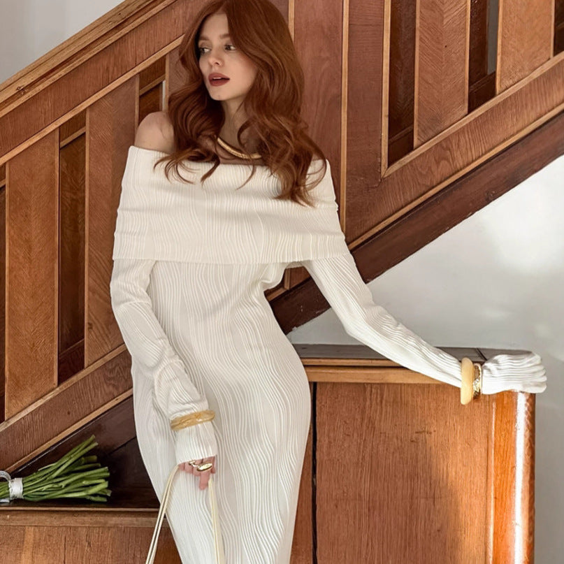 off Shoulder Knitted Dress Autumn Texture Slim Fit Sheath
